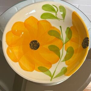 Vibrant Floral Ceramic 11 Inch  Bowl with Orange and Green Accents